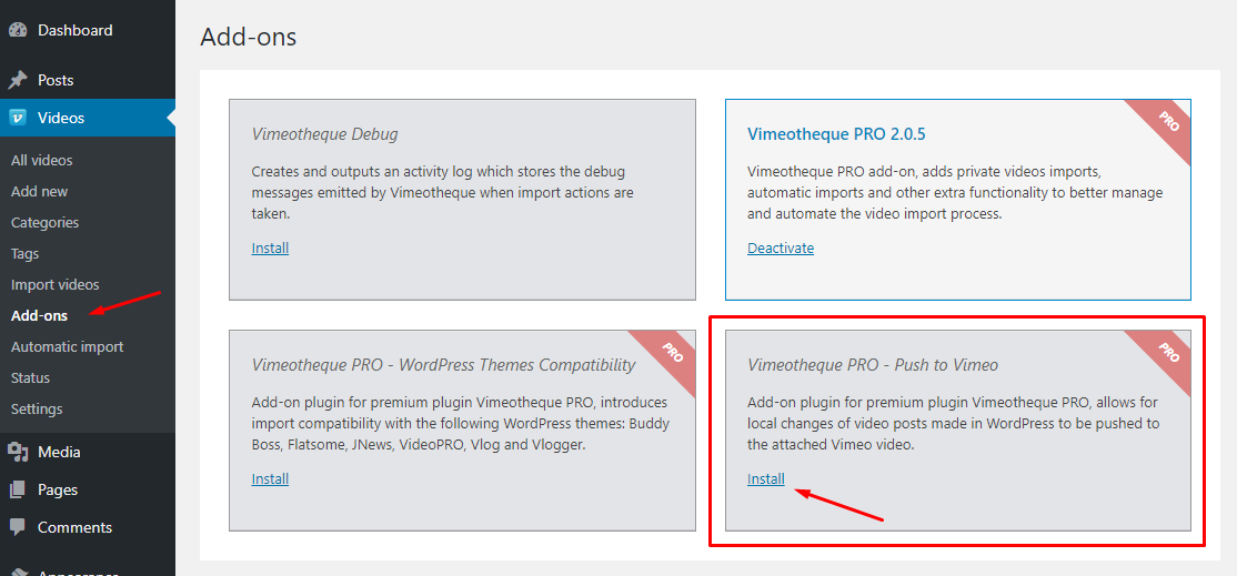 Vimeotheque Pro Push to Vimeo add-on installation