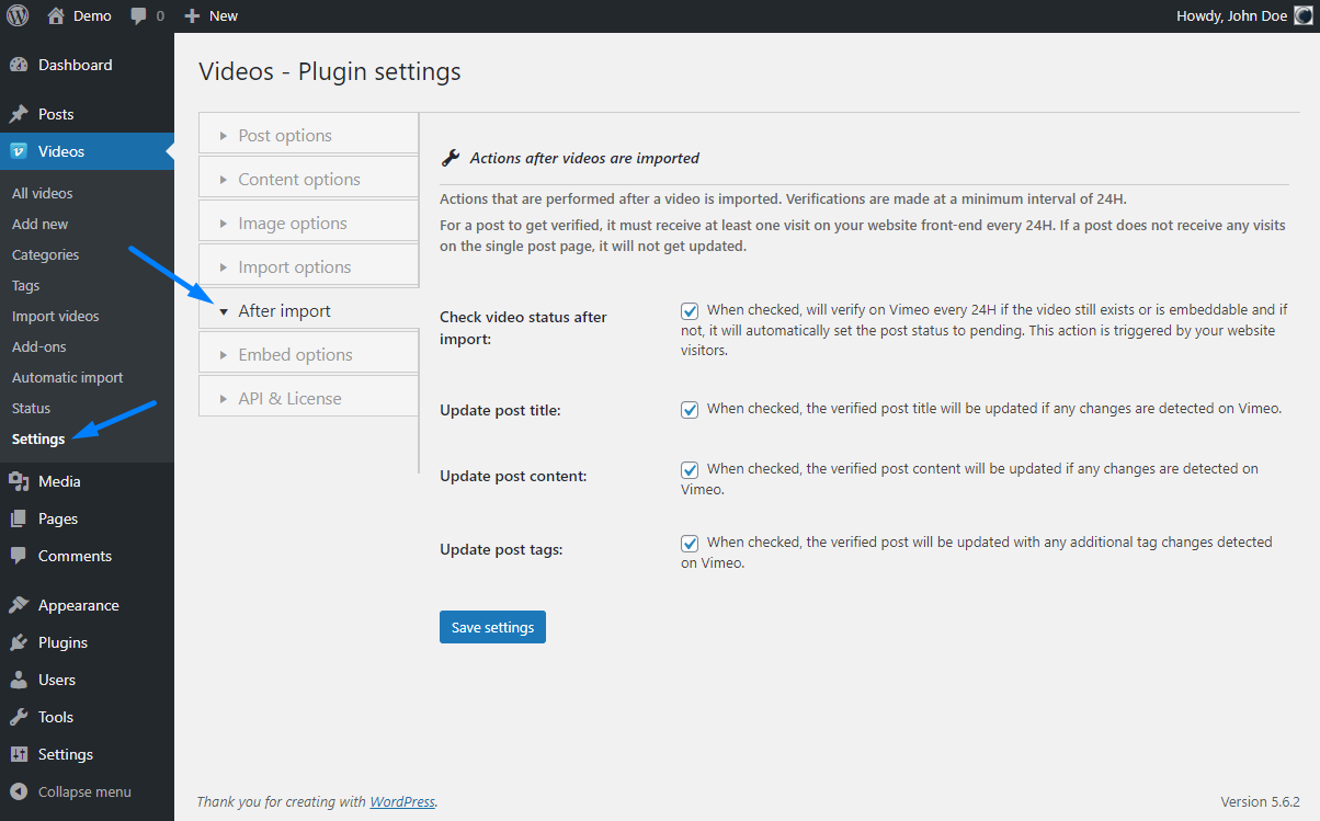 Vimeotheque PRO after post import plugin options