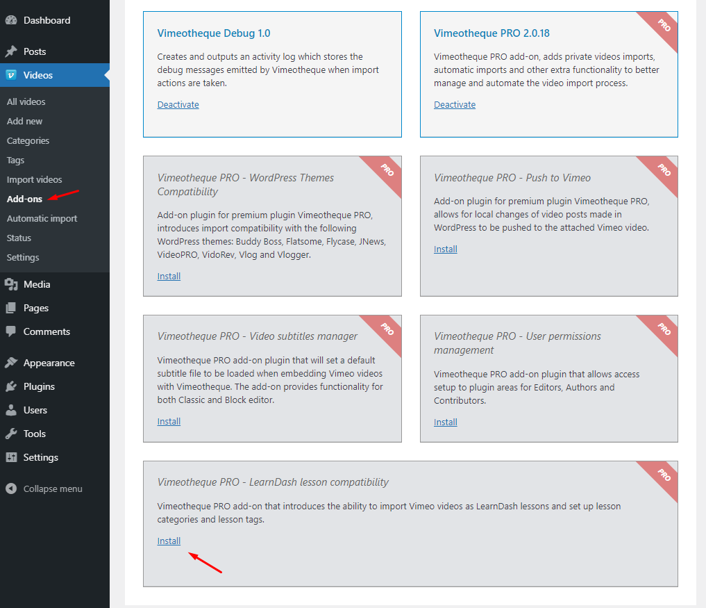 Vimeotheque PRO WordPress admin addons page