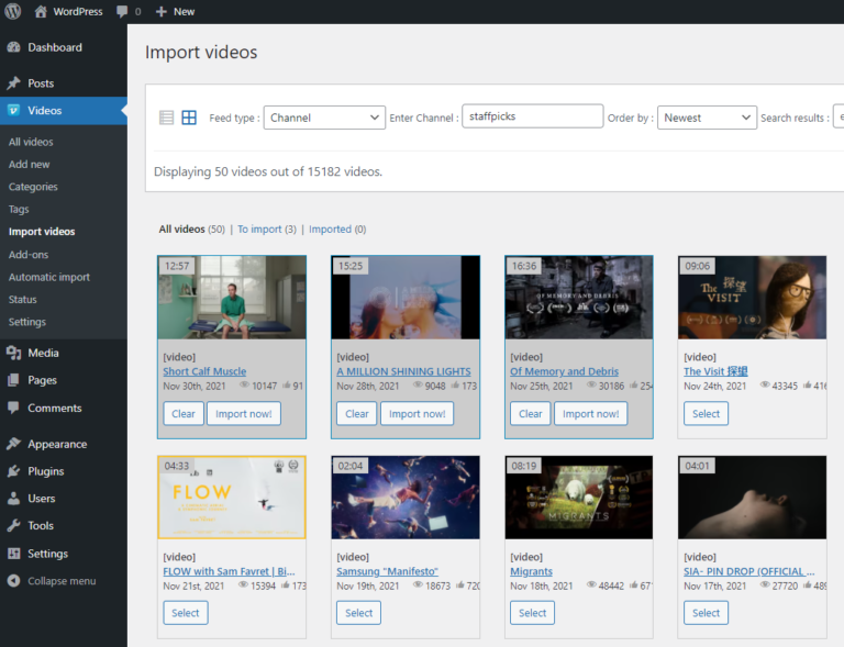 Vimeo WordPress Plugin - Vimeotheque manual bulk import